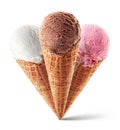 Chocolate, strawberry and vanilla ice cream with cone Royalty Free Stock Photo