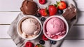 Chocolate Strawberry Vanilla Ice Cream Set Flat Lay. Brown White and Pink Gelato Color Mix. Variety Flavors Set of Soft Frozen Royalty Free Stock Photo