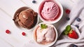 Chocolate Strawberry Vanilla Ice Cream Set Flat Lay. Brown White and Pink Gelato Color Mix. Variety Flavors Set of Soft Frozen Royalty Free Stock Photo