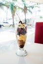 Chocolate sundae in the clear glass cup Royalty Free Stock Photo