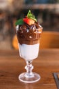 Chocolate sundae: Vanilla ice cream topping with chocolate fudge and chocolate balls with mint leaves and sliced fresh strawberry Royalty Free Stock Photo