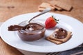 Chocolate sweet melting nougat cream on cookies with strawberries