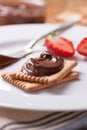 Chocolate sweet melting nougat cream on cookies with strawberries Royalty Free Stock Photo