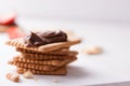 Chocolate sweet melting nougat cream on cookies with strawberries Royalty Free Stock Photo