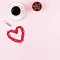 Chocolate sweets, black coffee, lipstick. Feminine background in red and white colors.