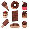 Chocolate sweets collection, different delicious desserts cartoon vector Illustrations