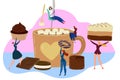 Chocolate sweets concept, tiny people holding huge dessert, cup of cocoa with marshmallow, vector illustration