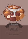 Chocolate sweets poster vector illustration. Best bakery advertisement. Dark, milk and white chocolate candies, pralines