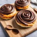 Chocolate swirl buns on wooden chopping board