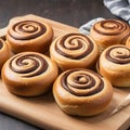 Chocolate swirl buns on wooden chopping board