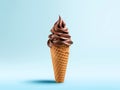 Chocolate swirl soft ice cream on blue pastel background. AI Generated Image