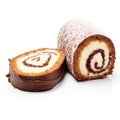 Chocolate Swiss Roll, Round Sponge Cake Isolated, Sliced Rolled Vanilla Biscuit with Cocoa Cream Filling