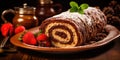 Chocolate Swiss Roll, Round Sponge Cake, Sliced Rolled Vanilla Biscuit with Cocoa Cream Filling