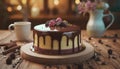 Chocolate topping cake on wooden table with cinnamon and coffee