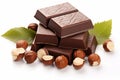 Chocolate tower with hazelnut and leaves on white background. Stack of milk and dark chocolate with nuts. Generative AI