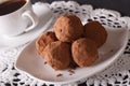 Chocolate truffles close-up and coffee on the table. Horizontal Royalty Free Stock Photo