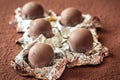 Chocolate truffles on cocoa background