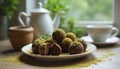 Chocolate truffles dusted with matcha, on wooden table by window, perfect for dessert menu Royalty Free Stock Photo