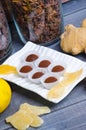 Chocolate truffles with ginger candies in a gift box Royalty Free Stock Photo