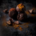 Chocolate truffles with gooey date centres on dark stone