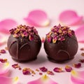 Chocolate truffles with rose petals isolated on white background Royalty Free Stock Photo