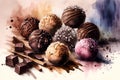 Chocolate truffles. Watercolor painting on a white background Royalty Free Stock Photo