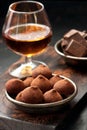 Chocolate truffles on wooden board. Atmospheric food photo