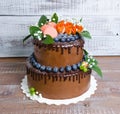 Chocolate two layered wedding cake with roses Royalty Free Stock Photo