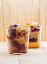 Chocolate and Vanilla Cake in glass with fruits