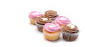 Chocolate and vanilla cupcakes with whipped raspberry and coffee cream, on a white isolated background. Selective focus Royalty Free Stock Photo