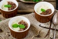 Chocolate and vanilla custard cream dessert Vla served with mint