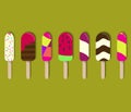 Chocolate and vanilla ice cream in chocolate glaze 3d vector icon. Popsicle ice cream. Ice lolly cut out collage.