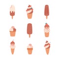 Chocolate and vanilla ice cream collection. Ice cream cone, ice lolly, ice cream in cup. Summertime, hello summer. Hand Royalty Free Stock Photo
