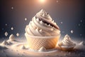 Chocolate vanilla ice cream cone ads with ice cubes and snowflakes by AI Generated