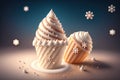 Chocolate vanilla ice cream cone ads with ice cubes and snowflakes by AI Generated Royalty Free Stock Photo