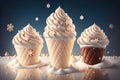 Chocolate vanilla ice cream cone ads with ice cubes and snowflakes by AI Generated
