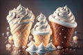 Chocolate vanilla ice cream cone ads with ice cubes and snowflakes by AI Generated