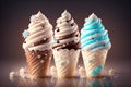 Chocolate vanilla ice cream cone ads with ice cubes and snowflakes by AI Generated Royalty Free Stock Photo