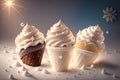 Chocolate vanilla ice cream cone ads with ice cubes and snowflakes by AI Generated Royalty Free Stock Photo