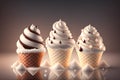 Chocolate vanilla ice cream cone ads with ice cubes and snowflakes by AI Generated Royalty Free Stock Photo