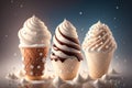 Chocolate vanilla ice cream cone ads with ice cubes and snowflakes by AI Generated