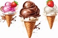 Chocolate, vanilla and strawberry Ice cream in the cone on white background with clipping path. Royalty Free Stock Photo