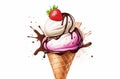 Chocolate, vanilla and strawberry Ice cream in the cone on white background with clipping path. Royalty Free Stock Photo