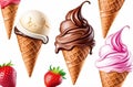 Chocolate, vanilla and strawberry Ice cream in the cone on white background with clipping path. Royalty Free Stock Photo