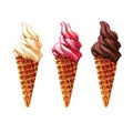 Chocolate, vanilla and strawberry ice cream or frozen custard in a waffle cone, set of dessert, isolated, hand drawn Royalty Free Stock Photo