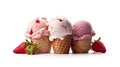 Chocolate Vanilla and Strawberry Ice Cream on White Selective Focus Background Royalty Free Stock Photo