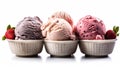 Chocolate Vanilla and Strawberry Ice Cream on White Selective Focus Background Royalty Free Stock Photo