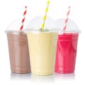 Chocolate vanilla strawberry milk shake milkshake collection straw in a cup isolated on white Royalty Free Stock Photo