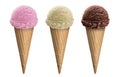 Chocolate, Vanilla And Strawberry, Top 3 Flavors Ice Cream Scoop In Waffle Cone With Clipping Path.
