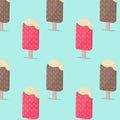 Chocolate vanilla and strawberry vanilla ice cream on wooden stick seamless pattern background. Flat design.